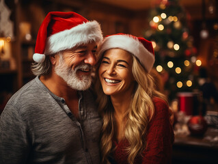 primo piano di coppia di anziani felice con cappello natalizio che attende la vigilia di Natale in casa 
