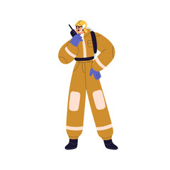 Obraz premium Emergency worker calling for help, informing, reporting alarm with walkie-talkie. Firefighter using radio signal for communication. Flat graphic vector illustration isolated on white background
