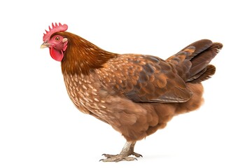 Fototapeta premium Brown chicken standing on white background, looking at camera with bright eyes.