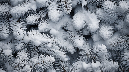 sfondo di rami di pino gelati e bianchi con spazio per testo al centro, inverno, concetto di biglietto di auguri natalizio minimalista