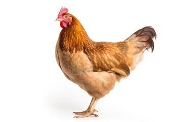 Fototapeta premium Brown chicken standing on white background, looking at camera with bright eyes.