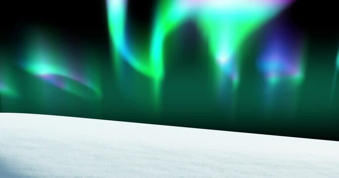 Animation of aurora borealis over snow on dark background