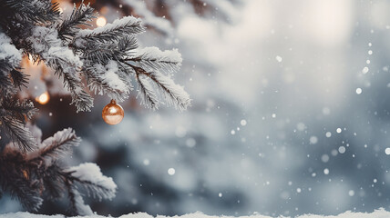 sfondo di rami di pino gelati e bianchi con spazio per testo al centro, inverno, concetto di biglietto di auguri natalizio minimalista - obrazy, fototapety, plakaty
