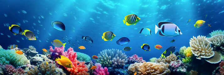 Colorful tropical sea fish swimming over coral reef, wide banner