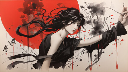  Chinese art, black and red ink, symbolic,