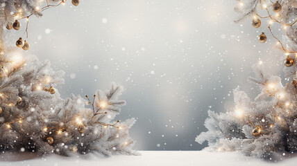 sfondo natalizio con palle di natale, rami di pino e lucine di natale, sfondo natalizio ideale per biglietto di auguri , spazio per scritte o inserimento prodotto, , colori tenui pastello - obrazy, fototapety, plakaty