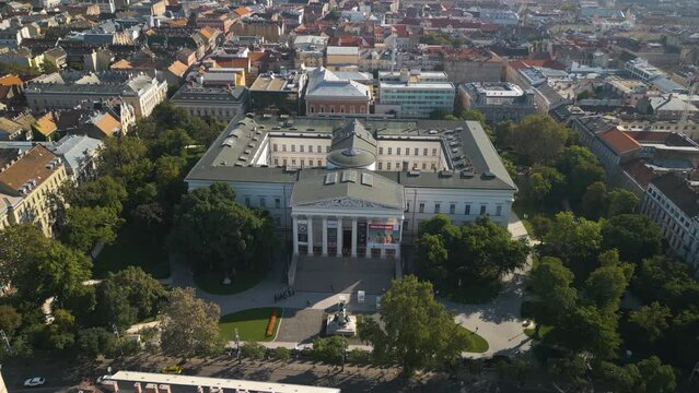 Cinematic Aerial Shot Above Hungarian National Museum in Budapest