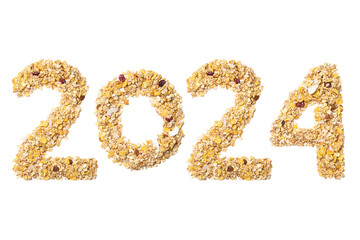 Calendar header number 2024 made of muesli and nuts on a white background. Happy New Year 2024 colorful background.