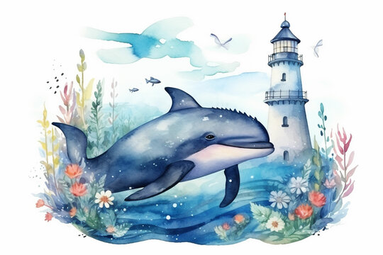 watercolor cute fantasy whales fish composite