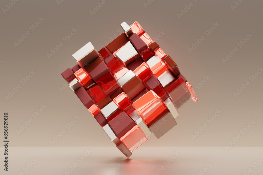 Aufkleber 3D illustration of a multicolored cube from many geometric objects of different textures and colors on a beige background