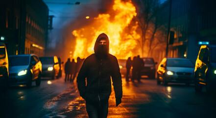 A silhouette of a man during street protests, with burning cars in the background - obrazy, fototapety, plakaty