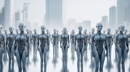 Arrays of alien and non human soldiers marching collectively