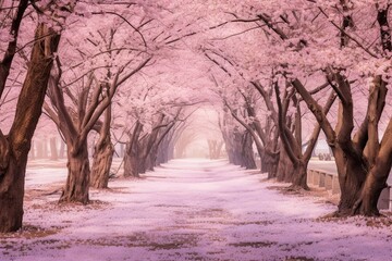 a trail of white trees surrounded by cherry blossoms, in the style of ethereal background.