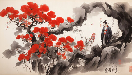  Chinese art, black and red ink, symbolic,