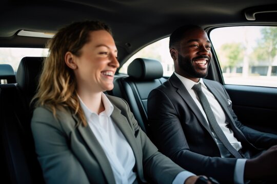 co-workers in suit sharing carpool to work