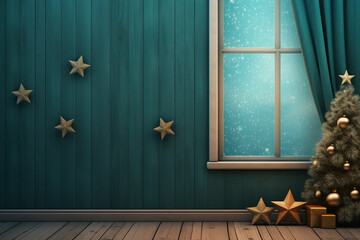 Detail of the front wall of a rustic children's room. Thin vertical dark teal wooden wall. Window with curtains and winter Christmas view. Children's Christmas decoration. Vintage style. Nobody. 