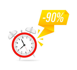 Discount last minute offer tag, 90 percent. Sale off time emblem, badge price discount number. Flat offer stamp, sticker clearance sale. Last minute discount. Alarm clock. Vector illustration