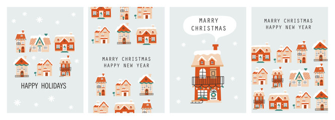 Christmas card set with winter houses. Vector illustrations - 656981827