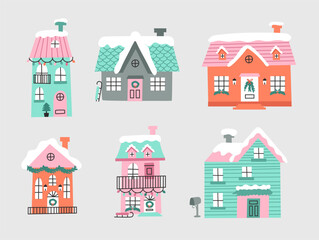 Christmas set with winter houses. Vector illustrations - 656982015