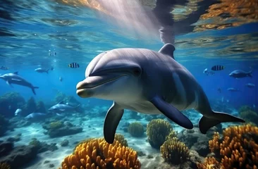 Schilderijen op glas dolphins swimming in the sea water © Kien