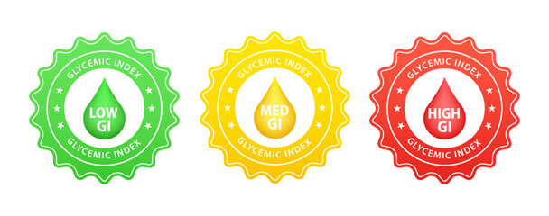 Glycemic index label badge vector. Low, medium and high glycemic index icons set. Vector illustration