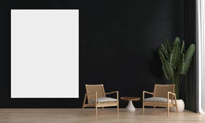 Modern dark home interior background, wooden arm chairs and frame mock up, banana plants, 3d render.