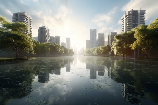 Captivating cityscape reflected in serene water, harmonious fusion of urban living and nature. Generative AI