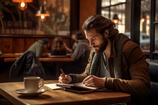 A thoughtful man is sitting at a café table, scribbling down ideas into his notebook, accompanied by a cup of coffee and a relaxed atmosphere.