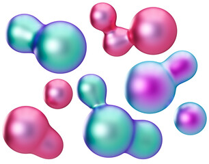 Set of rounded 3D shapes, metaballs on transparent background. Metallic, holographic material. Vibrant colors. Trendy and futuristic design elements. Iridescent objects. 3D rendering.