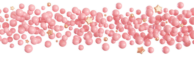 Pink balloons line on transparent background. It's a girl foreground. Border, row. Cut out graphic design elements. Happy birthday, party, baby shower decoration. Helium balloon group. 3D render.