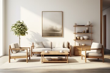 Beautifully decorated living area with sophisticated decor, wooden armchair, coffee table, and minimalist white walls that can be personalized. Generative AI