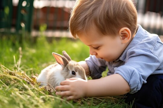 toddler petting a family rabbit