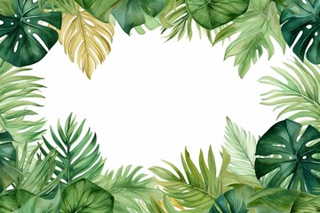 Border with tropical watercolor palm leaves and monstera. Generative AI