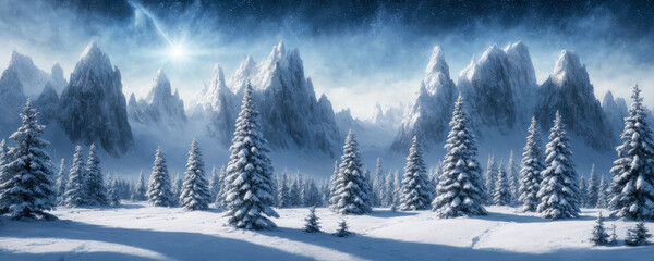 Winter landscape. fabulous mystical winter night. Mountains and Snow covered tree. Winter or Christmas panoramic banner. copy space. Generative AI