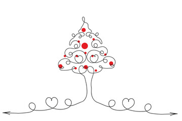 Hand drawn Thin continuous line Christmas tree with hearts Symbol vector, one line pine fir tree romantic relationship love sign, Minimalistic Outline single line art holiday cards decorations