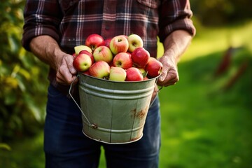 man carrying a bucket of picked apples - Powered by Adobe