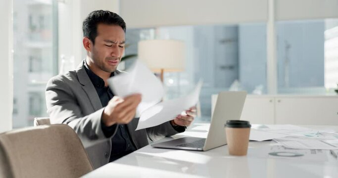 Stress, business and man with a laptop, confused and burnout with a deadline, documents and overworked. Person, employee and accountant with a pc, workflow crisis and paperwork with chaos and admin