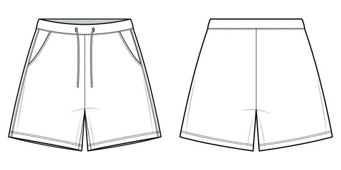 basic shorts fashion flat technical drawing template. Flat apparel, shorts fashion flat illustration. front and back view, white color, unisex, CAD mock set.