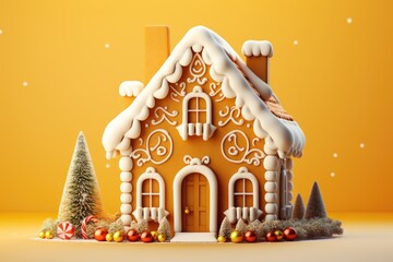 Gingerbread house celebrating the holiday on a joyful yellow surface