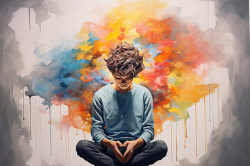 Mental Health in Youth. Creative abstract concept about teens. Colorful illustration of teenage boy - obrazy, fototapety, plakaty