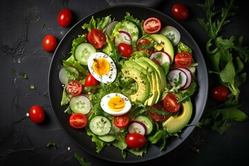Healthy avocado salad with tomato, eggs, lettuce. Ideal for keto and paleo diets. Top view. Generative AI