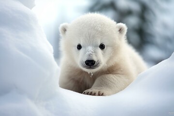 A sweet baby polar bear in a snowy winter landscape. Generative AI