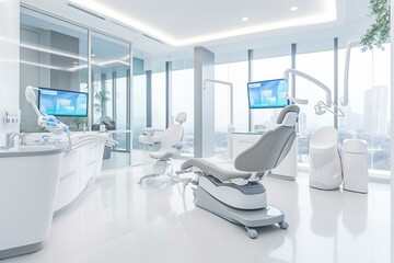 Modern dental office with advanced equipment and intraoral scanner showcasing teeth on display. Cutting-edge digital dentistry and scanning technology. Generative AI