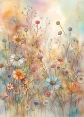 Watercolor wild flowers background. Blooming meadow on soft pastel background. Floral botanical herbal texture. Amazing digital illustration. CG Artwork Background