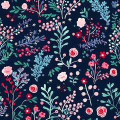 Seamless pattern, tileable modern floral Christmas holiday country print for botanical wallpaper, wrapping paper, scrapbook, fabric and product design