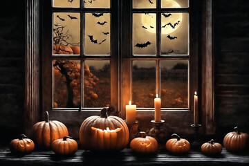 halloween holiday decorations, jack o lantern pumpkins and candles on a windowsill, flying bats outside the window, moonlit night, scary, dark magic