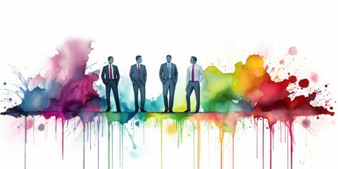Rainbow Aquarelle Depicting a Team of Business Professionals Strategically Planning a Colorful Marketing Campaign, Showcasing Creativity and Collaboration