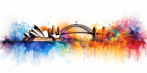 Rainbow Aquarelle Silhouette of Sydney's Iconic Cityscape, Showcasing the Sydney Opera House, Bondi Beach, and the Natural Beauty of Australia