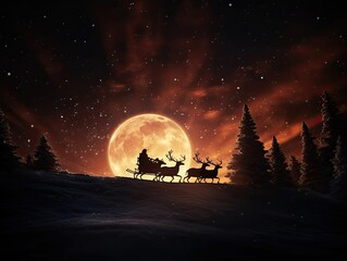 Santa Clause and his reindeers, Christmas eve, riding his sleigh, magical scene, Generative AI