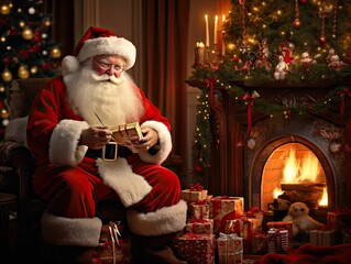 Santa Clause, Christmas eve, Christmas gifts, magical scene, Generative AI